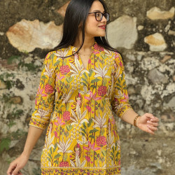  BRIGHT YELLOW FLORAL PRINT SHORT STRAIGHT KURTI