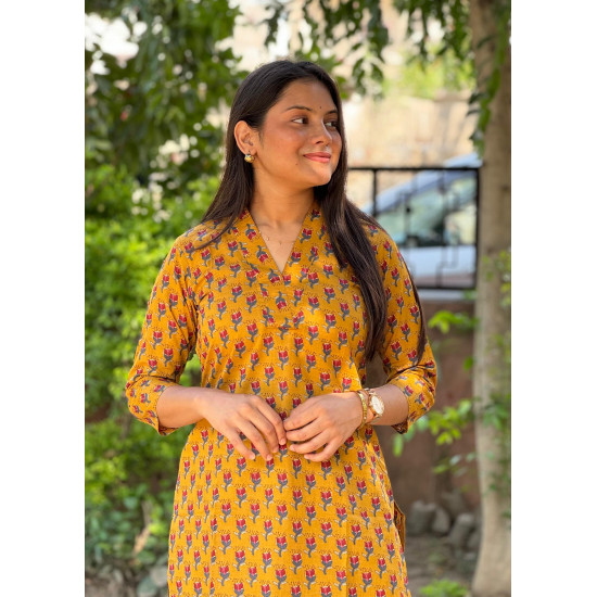 MUSTARD LITTLE MOTIF LONG STRAIGHT KURTI