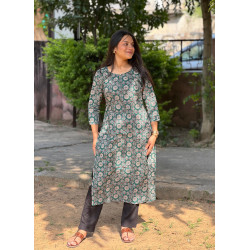 DARK GREEN MOTIFS LONG STRAIGHT KURTI