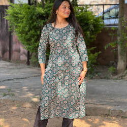 DARK GREEN MOTIFS LONG STRAIGHT KURTI