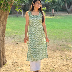 PASTEL GREEN MOTIFS LONG STRAIGHT KURTI