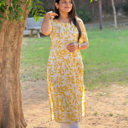 YELLOW LEAF GOLDEN FOIL LONG STRAIGHT KURTI