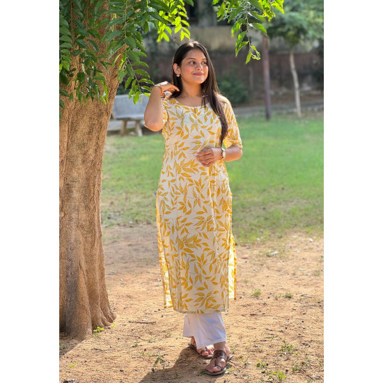 YELLOW LEAF GOLDEN FOIL LONG STRAIGHT KURTI