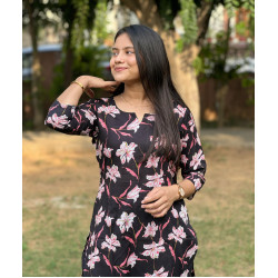 BLACK FLORAL LONG STRAIGHT KURTI