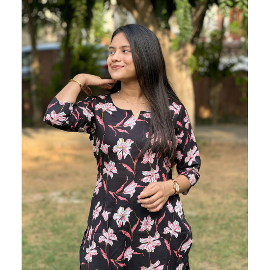 BLACK FLORAL LONG STRAIGHT KURTI