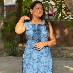 BLUE BIG FLORAL LONG STRAIGHT KURTI