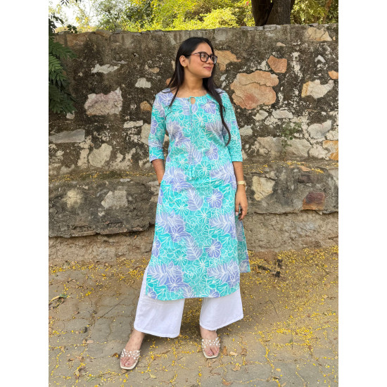 LIGHT FEROZI FLOWER MOTIF LONG STRAIGHT KURTI