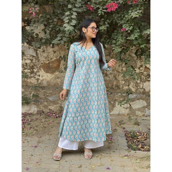 BLUE JAAL PRINT A LINE KURTI