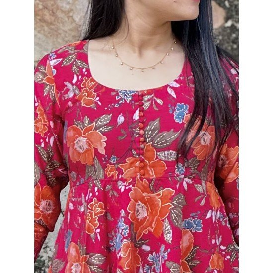 RANI FLORAL GOLDEN FOIL MODAL CHANDERI UMBRELLA GHER KURTI RANI FLORAL GOLDEN FOIL MODAL CHANDERI UMBRELLA GHER KURTI