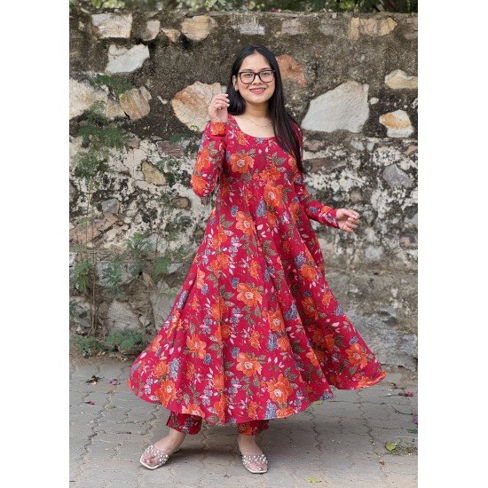 RANI FLORAL GOLDEN FOIL MODAL CHANDERI UMBRELLA GHER KURTI RANI FLORAL GOLDEN FOIL MODAL CHANDERI UMBRELLA GHER KURTI