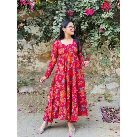 RANI FLORAL GOLDEN FOIL MODAL CHANDERI UMBRELLA GHER KURTI RANI FLORAL GOLDEN FOIL MODAL CHANDERI UMBRELLA GHER KURTI