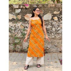 MUSTARD BANDHEJ GOLDEN FOIL LONG STRAIGHT KURTI