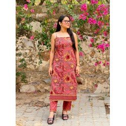 DARK PEACH FLORAL MOTIFS KURTA BOTTOM SET