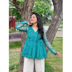 SEA GREEN BANDHANI GEORGETTE CLAIRE TOP