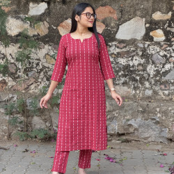 RED MOTIF KANTHA KURTA BOTTOM SET