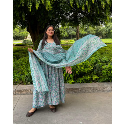 GREEN AND TURQUOISE FLORAL GHER KURTI SET 