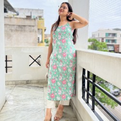 PASTEL GREEN PINK FLORAL LONG STRAIGHT KURTI