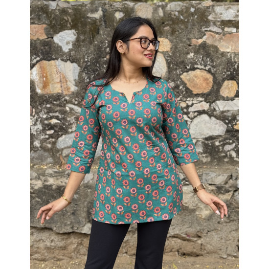 GREEN AND BLUE TURQUOISE LITTLE FLORAL MOTIF SUPER SHORT STRAIGHT KURTI 