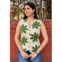 GREEN FLOWER HANDBLOCK VEST TOP