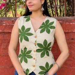 GREEN FLOWER HANDBLOCK VEST TOP