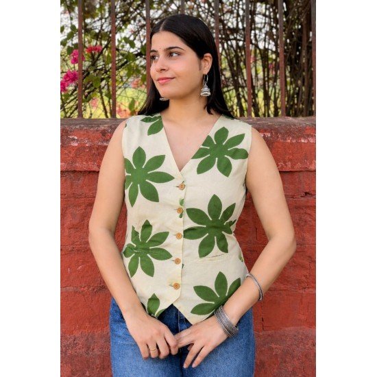 GREEN FLOWER HANDBLOCK VEST TOP