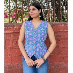 BLUE FLORAL HANDBLOCK VEST TOP