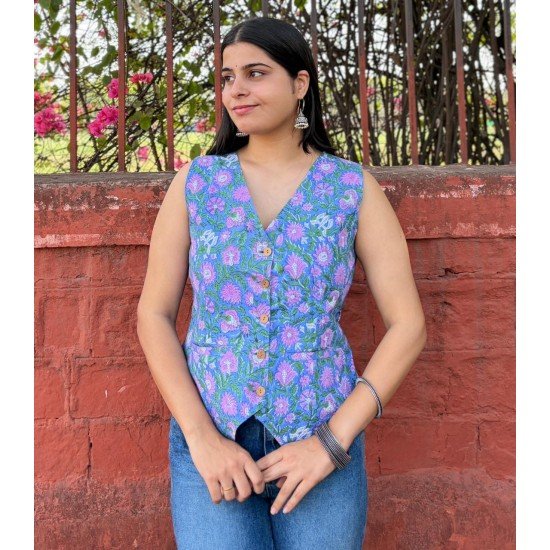 BLUE FLORAL HANDBLOCK VEST TOP