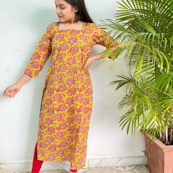 YELLOW FLORAL KANTHA LONG STRAIGHT KURTI