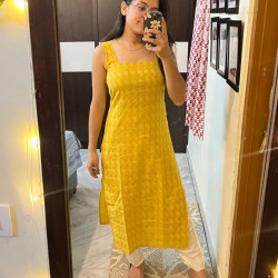 YELLOW KANTHA  LONG STRAIGHT KURTI