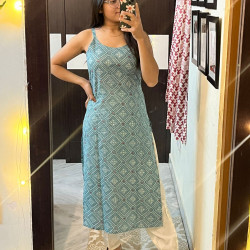 ENGLISH BLUE BANDHEJ GOLDEN FOIL LONG STRAIGHT KURTI