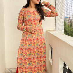 PEACH FLORAL KANTHA LONG STRAIGHT KURTI