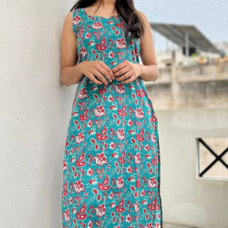 TURQOUISE FLORAL LONG STARIGHT KURTI